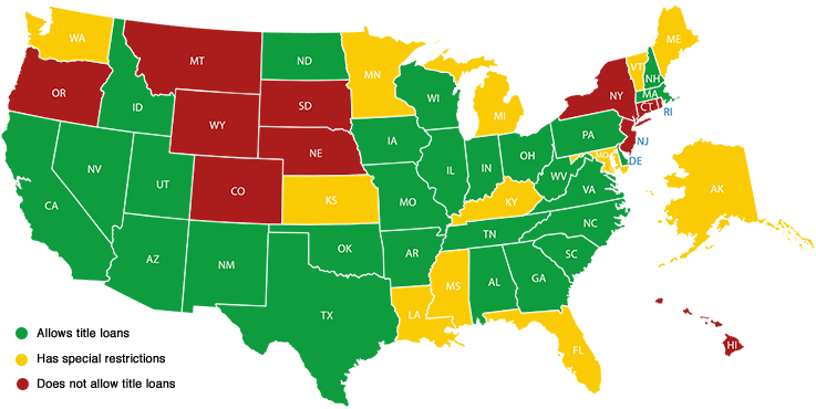 US map showing title loan laws